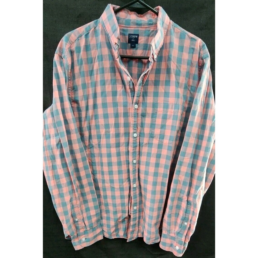 J.‎ Crew Button Up Shirt Mens Xlarge Long Sleeve Pink Grey Check Plaid XL EUC